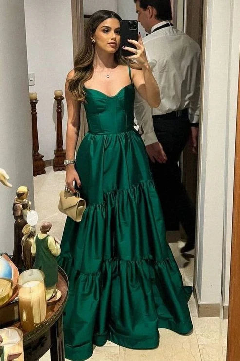 Luolandi Spaghetti Straps A-Line Green Long Satin Dress Evening Gown Party Dress Formal Dress